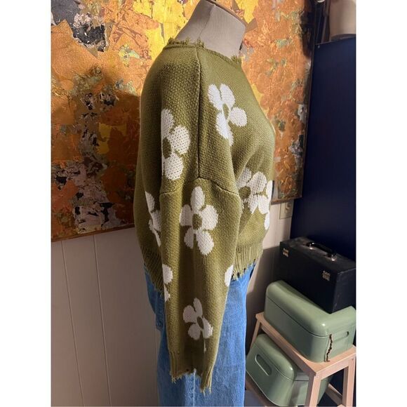 Hayden Distressed Floral Patterned Pullover Olive Green Oversized Sweater S - Picture 5 of 10